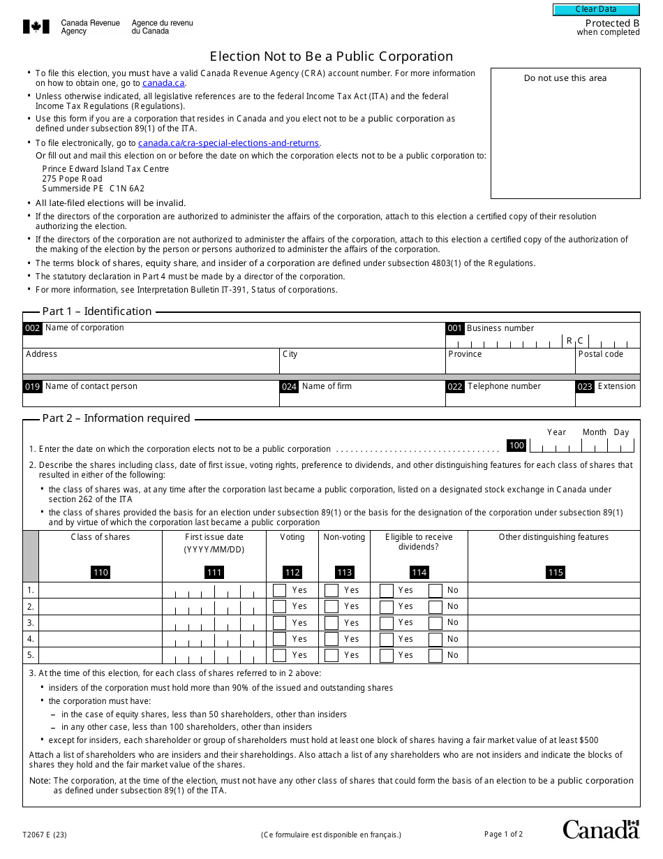 Form T2067 - Fill Out, Sign Online and Download Fillable PDF, Canada ...