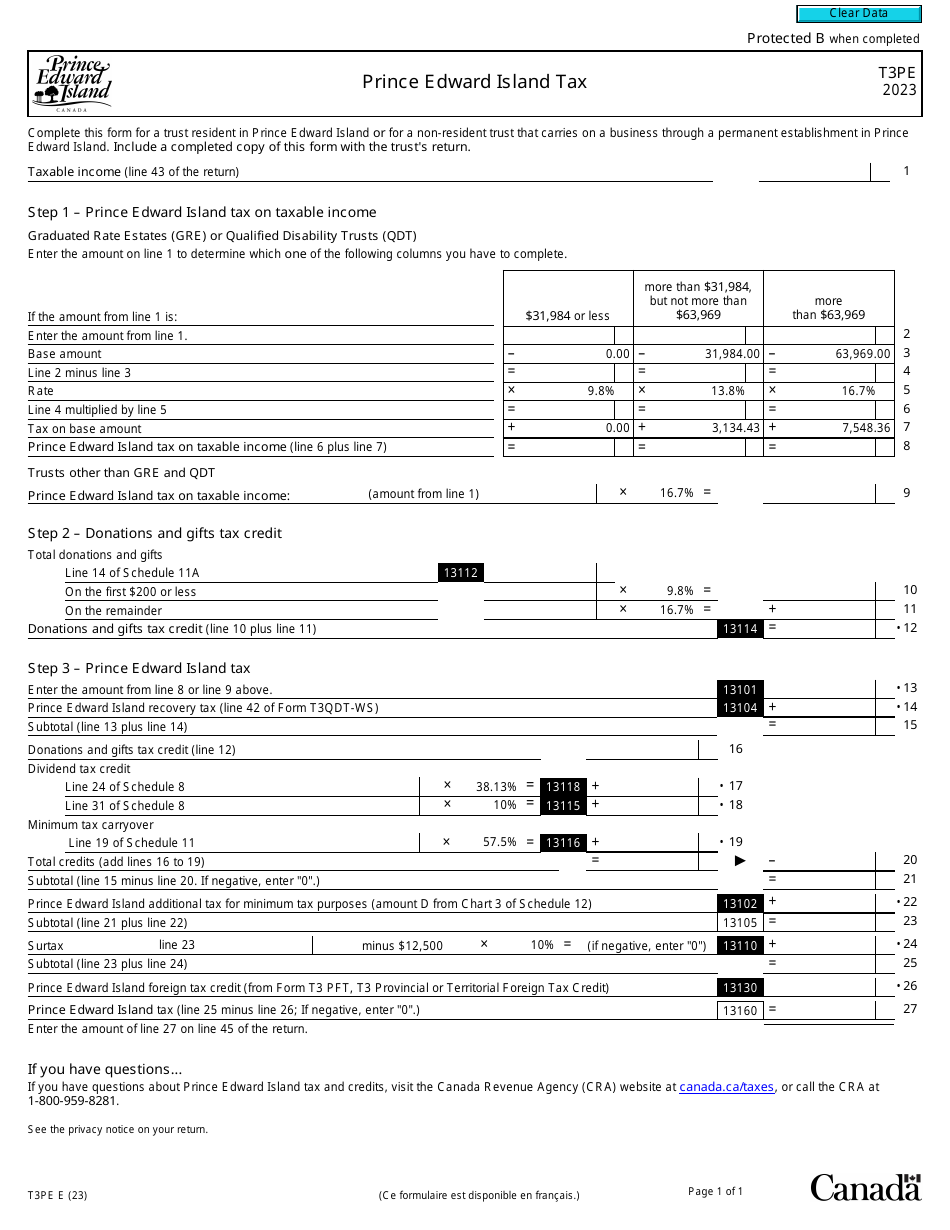 Form T3PE Prince Edward Island Tax - Canada, Page 1