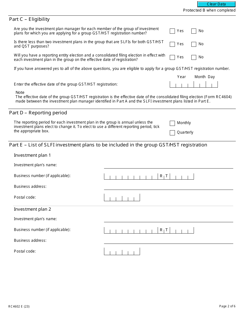 Form RC4602 Request for a Group Gst / Hst Registration Number for Selected Listed Financial Institutions With Consolidated Filing for Gst / Hst Purposes - Canada, Page 2
