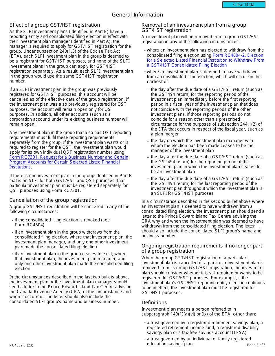 Form RC4602 Request for a Group Gst / Hst Registration Number for Selected Listed Financial Institutions With Consolidated Filing for Gst / Hst Purposes - Canada, Page 5