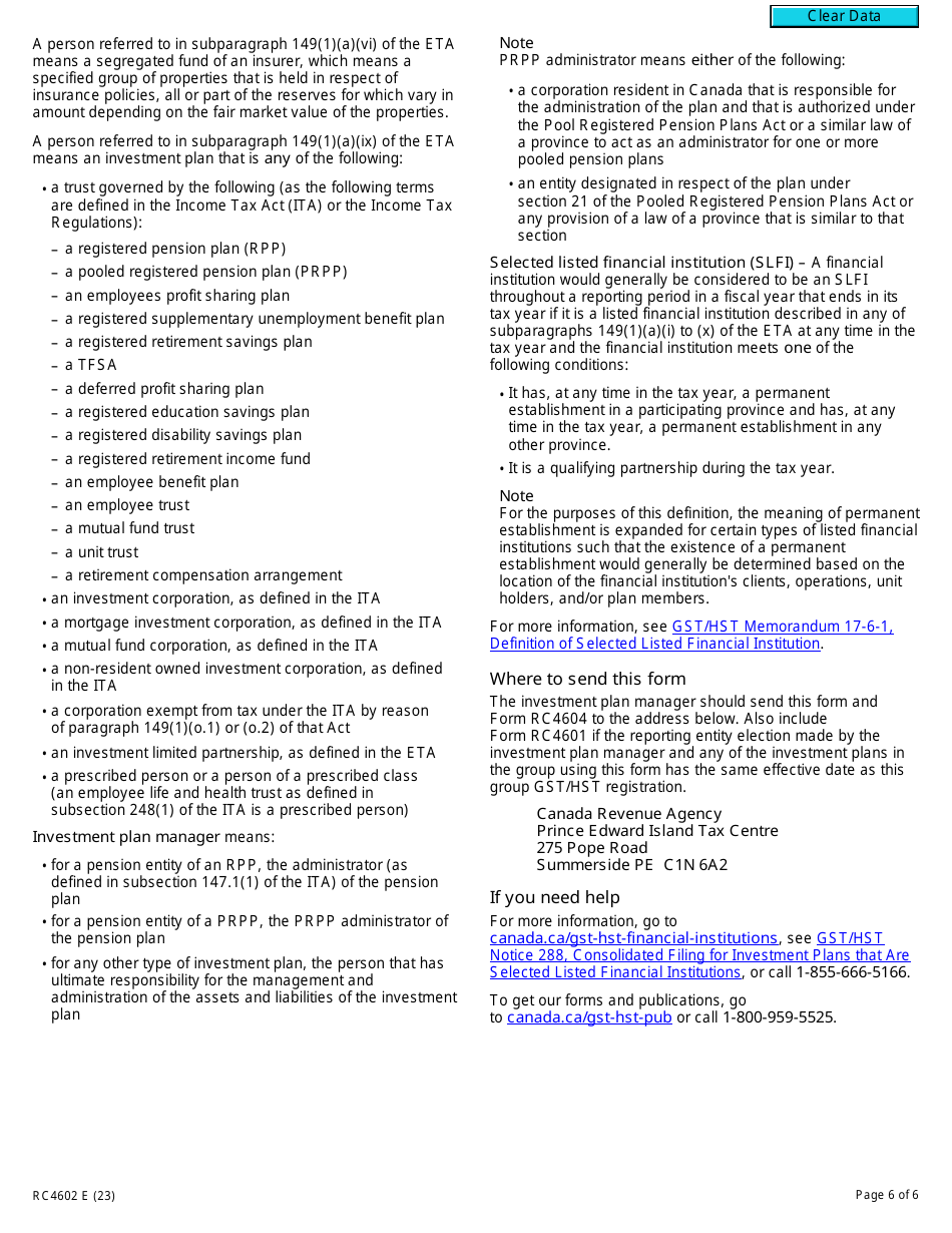 Form RC4602 Request for a Group Gst / Hst Registration Number for Selected Listed Financial Institutions With Consolidated Filing for Gst / Hst Purposes - Canada, Page 6