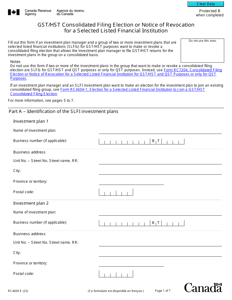 Form RC4604 Download Fillable PDF or Fill Online Gst/Hst Consolidated