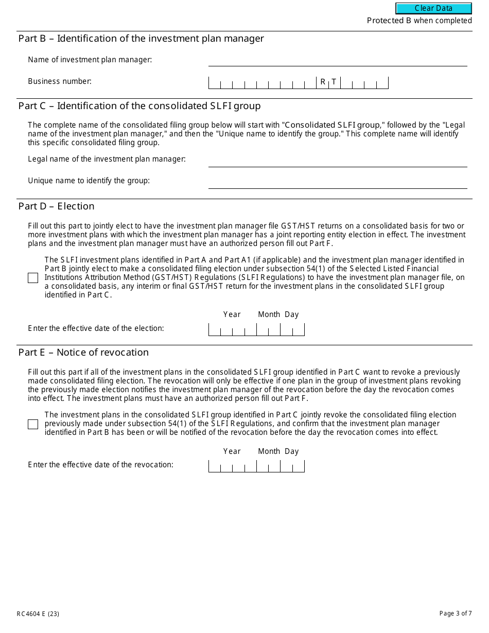 Form RC4604 Gst / Hst Consolidated Filing Election or Notice of Revocation for a Selected Listed Financial Institution - Canada, Page 3