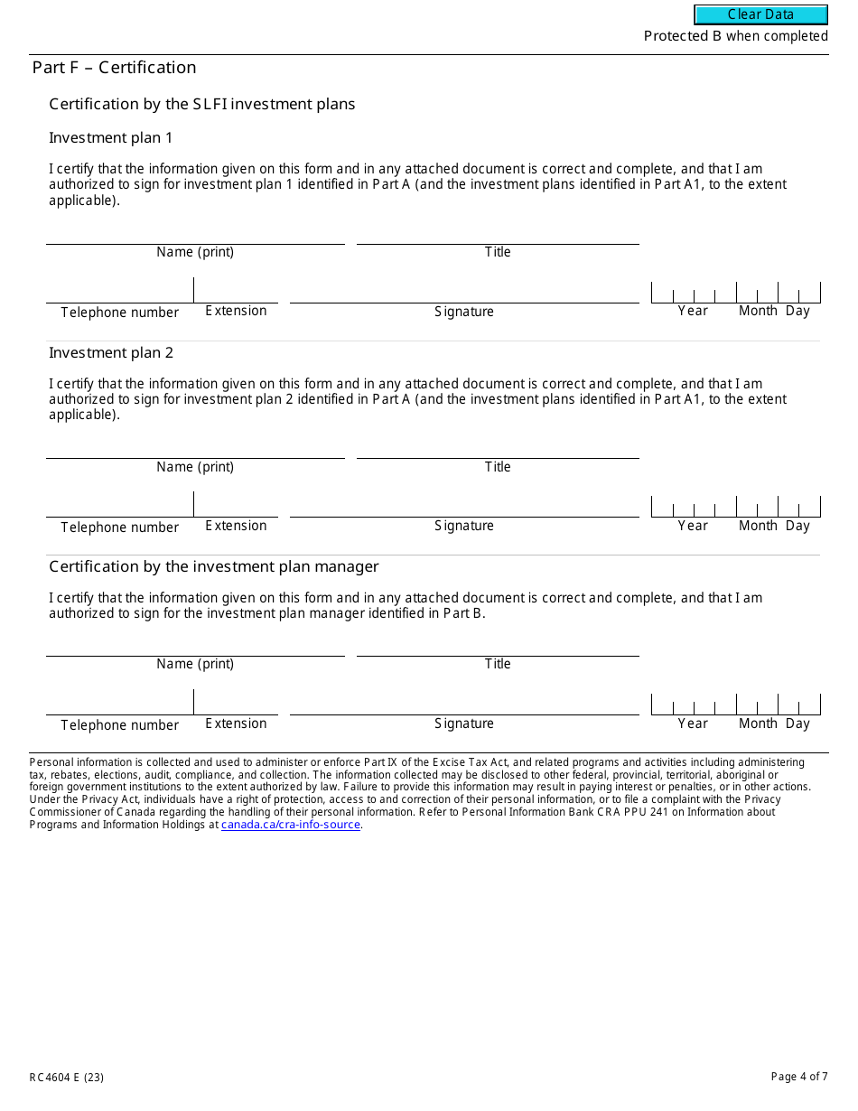 Form RC4604 Gst / Hst Consolidated Filing Election or Notice of Revocation for a Selected Listed Financial Institution - Canada, Page 4