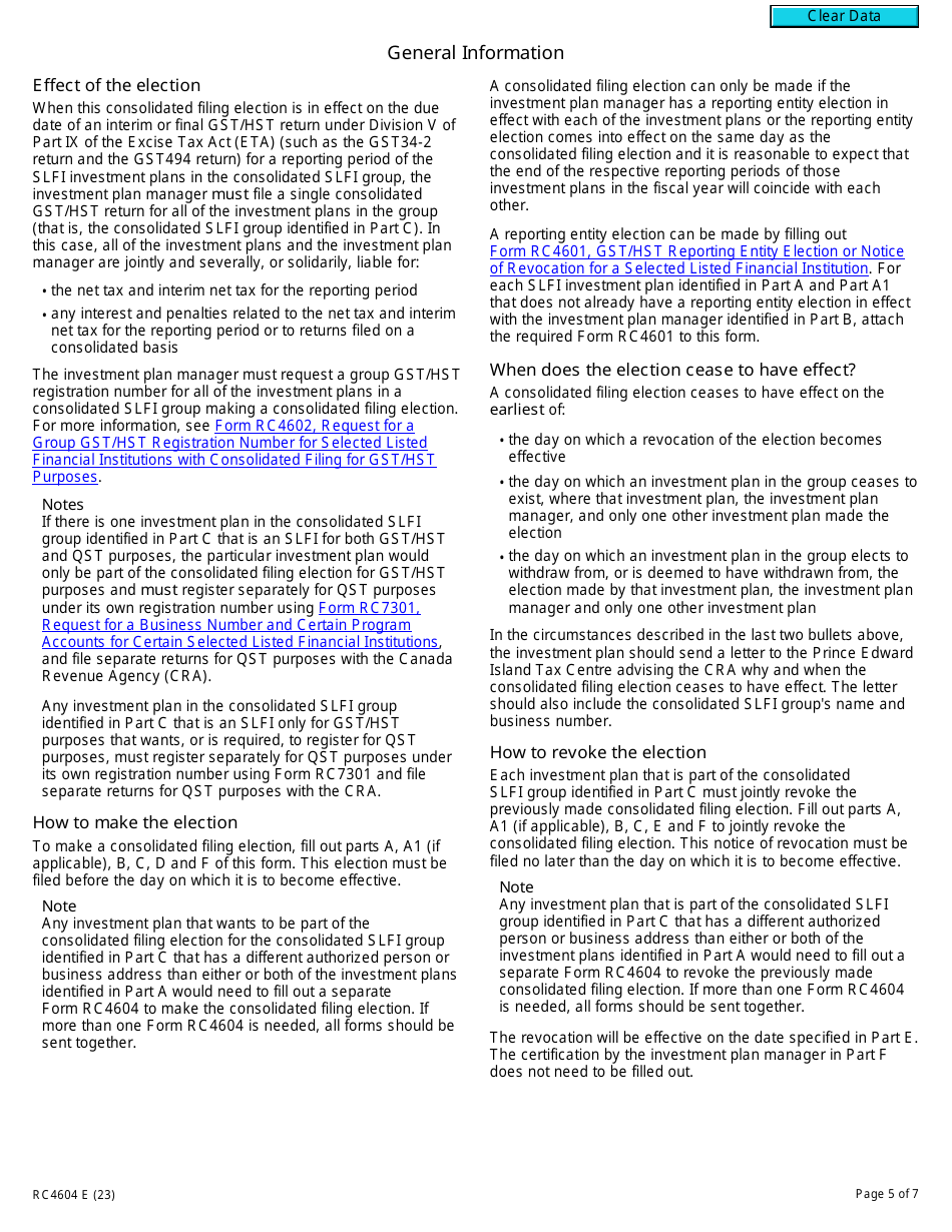 Form RC4604 Gst / Hst Consolidated Filing Election or Notice of Revocation for a Selected Listed Financial Institution - Canada, Page 5