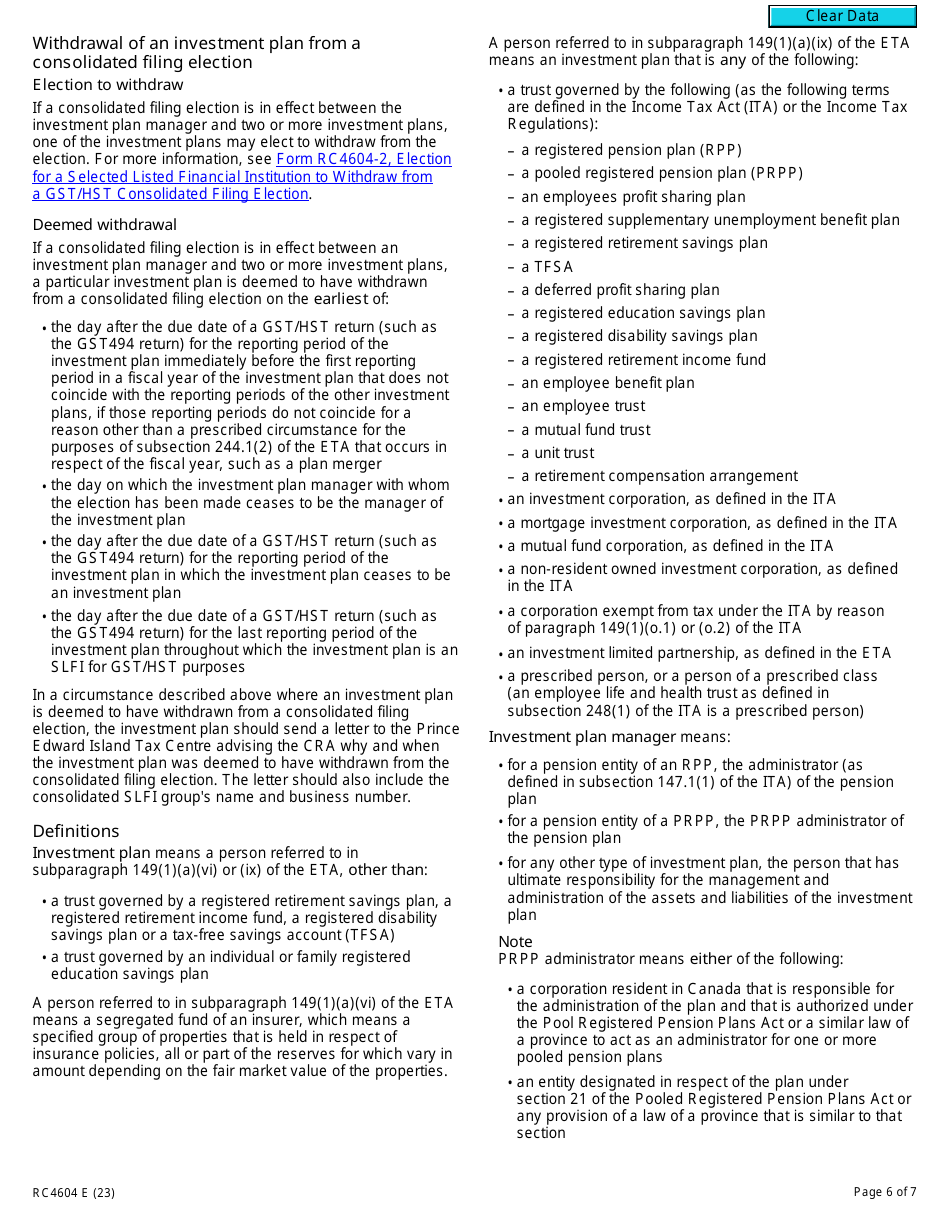 Form RC4604 Gst / Hst Consolidated Filing Election or Notice of Revocation for a Selected Listed Financial Institution - Canada, Page 6