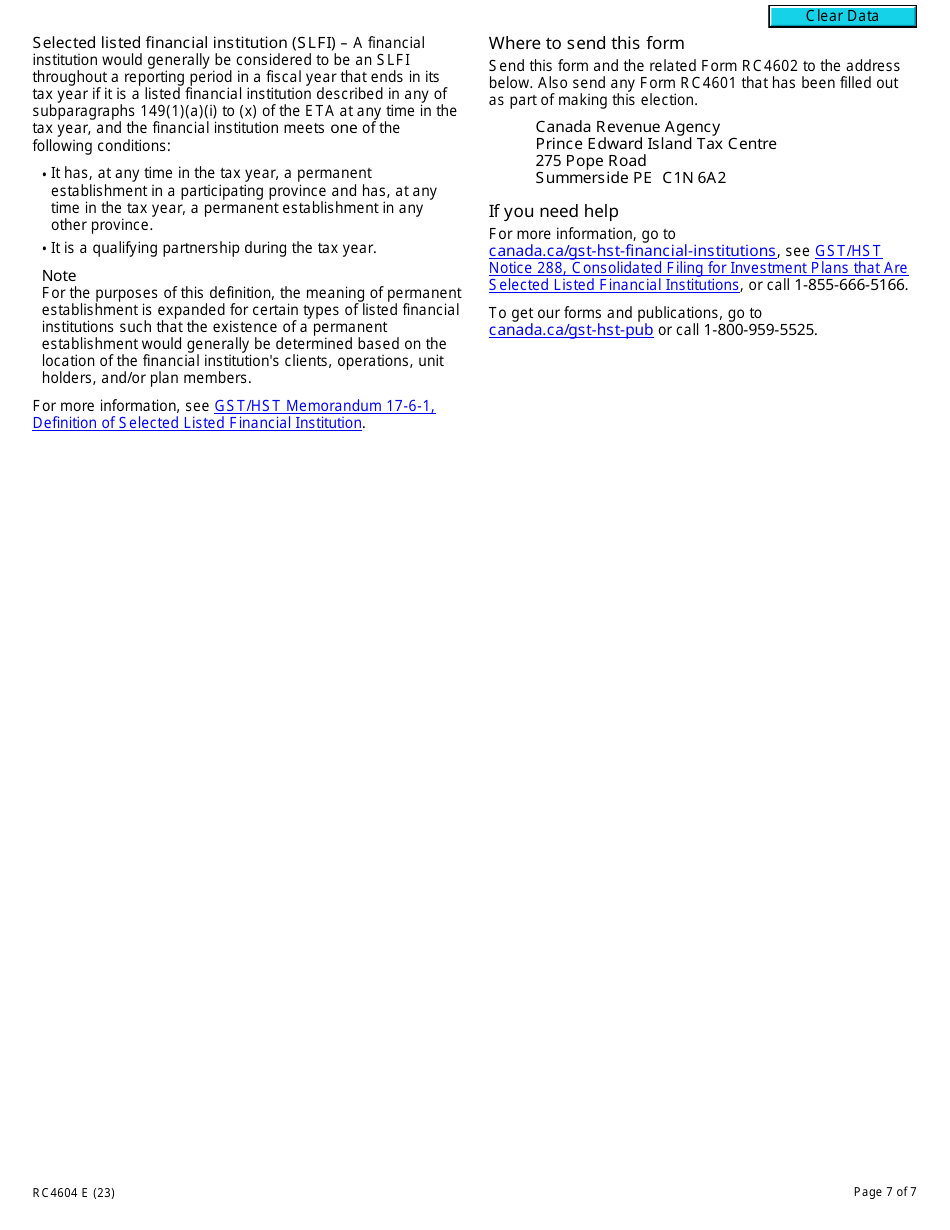 Form RC4604 Gst / Hst Consolidated Filing Election or Notice of Revocation for a Selected Listed Financial Institution - Canada, Page 7