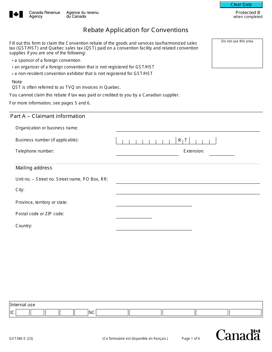Form GST386 Rebate Application for Conventions - Canada, Page 1