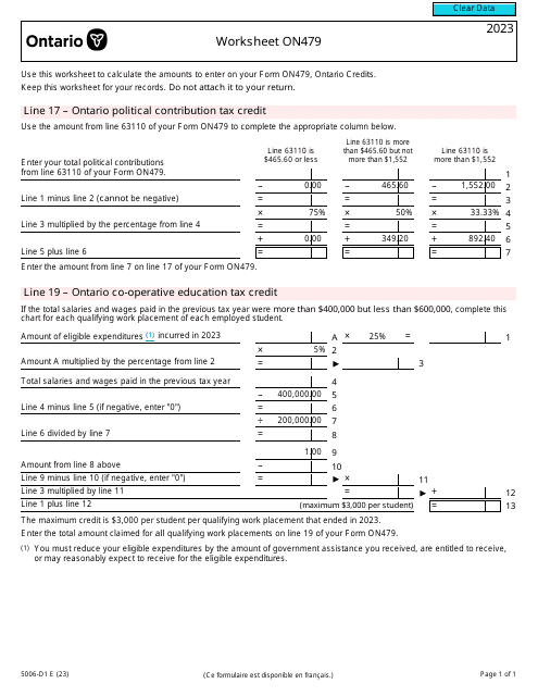 Form 5006-D1 Worksheet ON479 Ontario - Canada, 2023