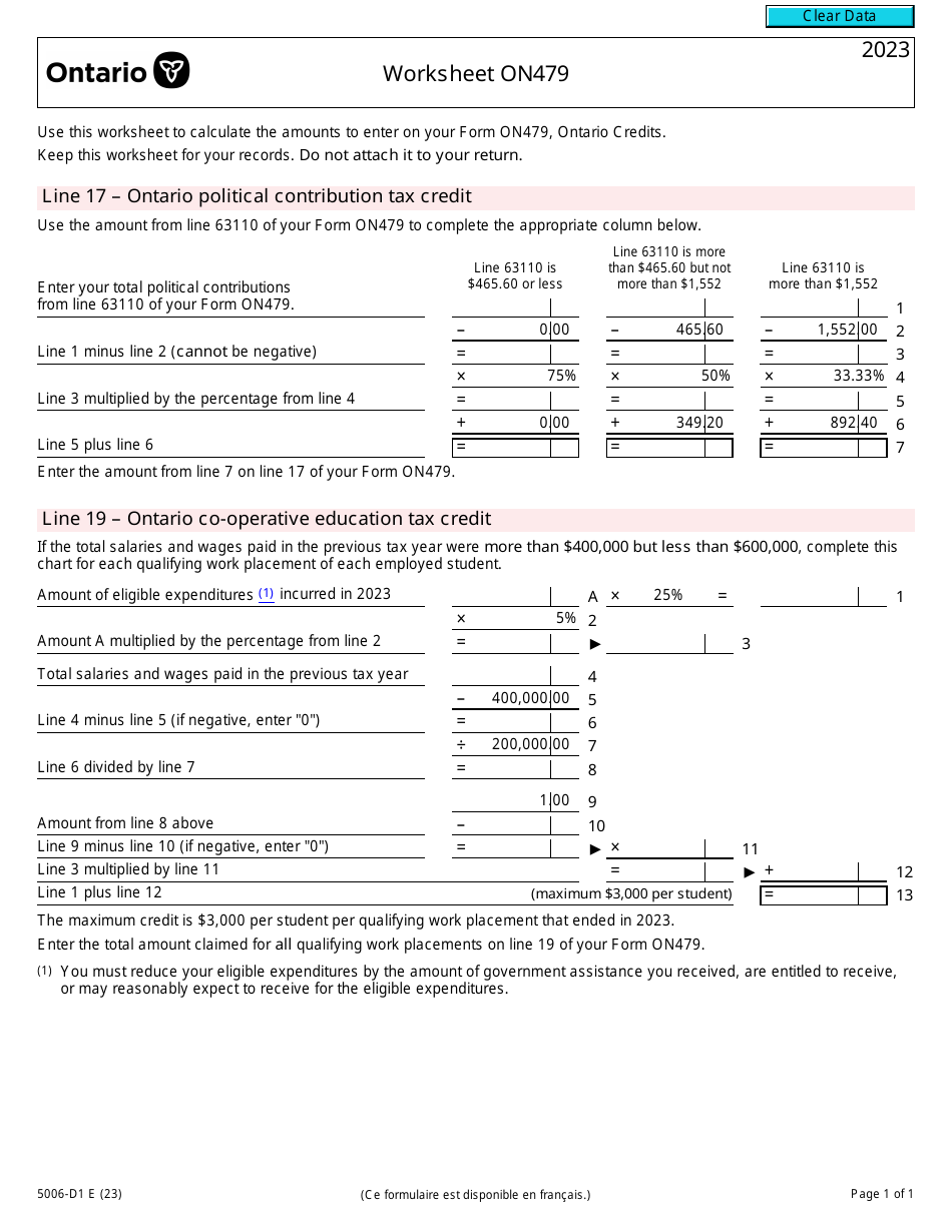 Form 5006-D1 Worksheet ON479 Ontario - Canada, Page 1