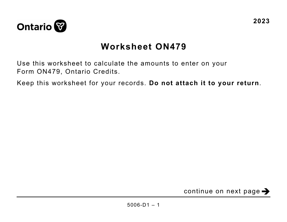 Form 5006-D1 Worksheet ON479 Ontario - Large Print - Canada, Page 1