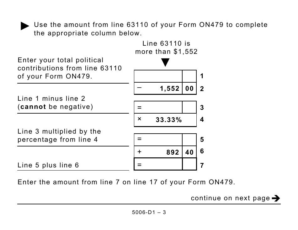 Form 5006-D1 Worksheet ON479 Ontario - Large Print - Canada, Page 3
