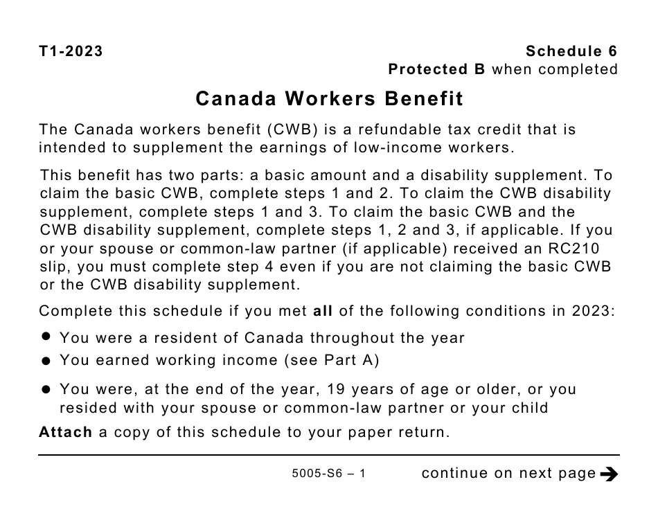 Form 5005-S6 Schedule 6 Canada Workers Benefit (For Qc Only) - Large Print - Canada, Page 1