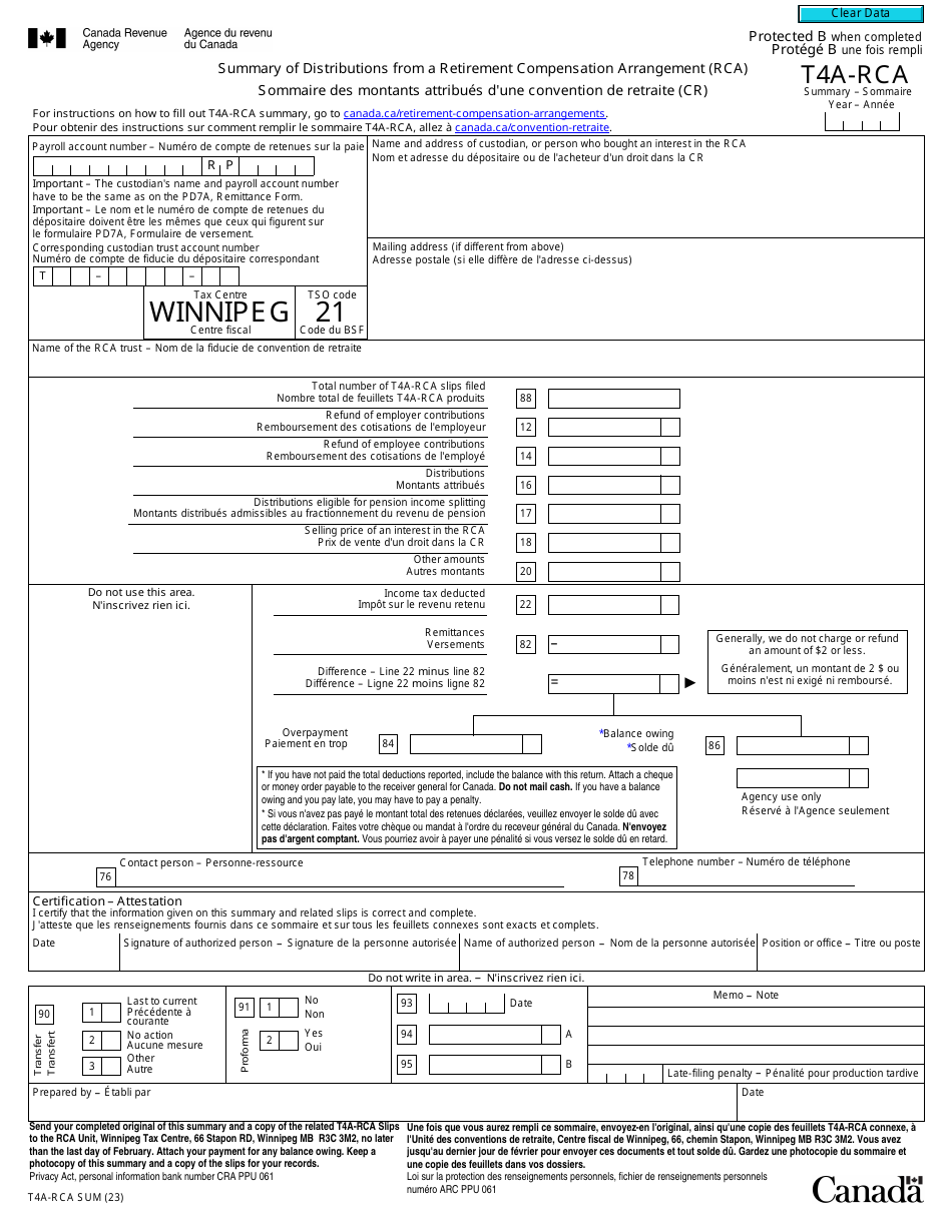 Form T4A-RCA SUM Download Fillable PDF or Fill Online Summary of ...