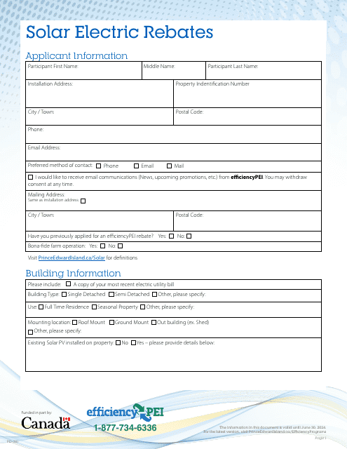 Form PD381 Solar Rebate Application Form - Prince Edward Island, Canada