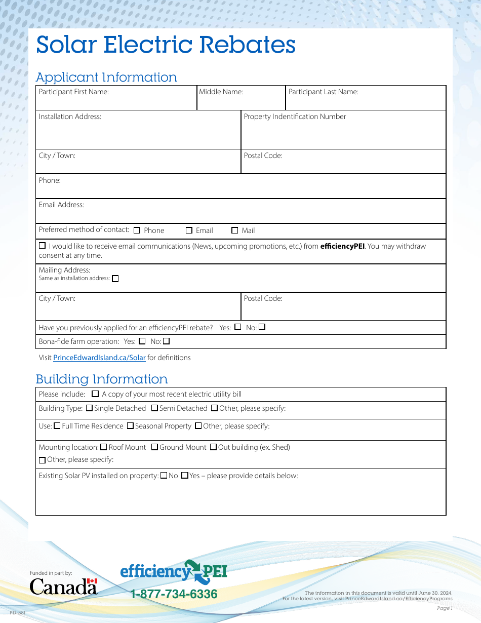 Form PD381 Solar Rebate Application Form - Prince Edward Island, Canada, Page 1