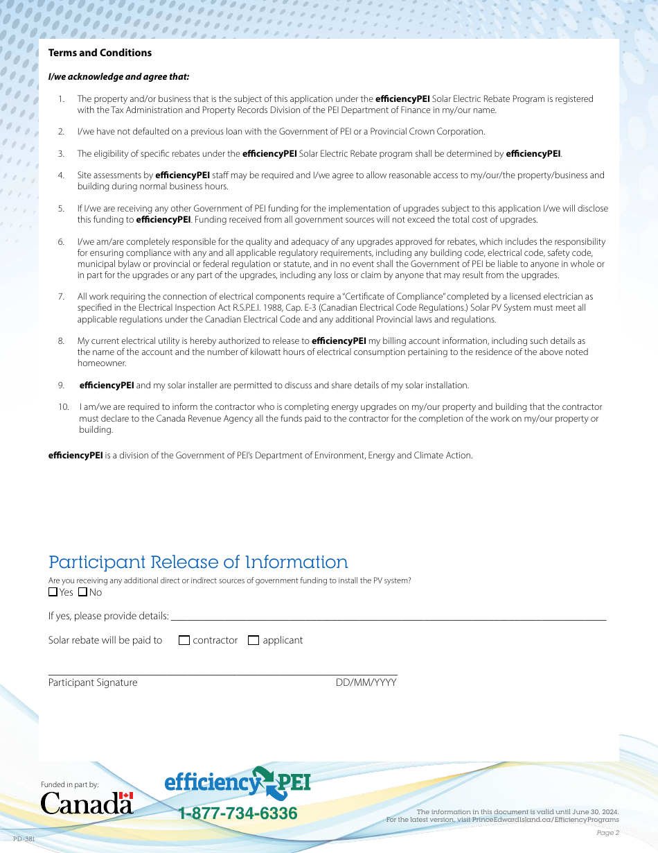 Form PD381 Solar Rebate Application Form - Prince Edward Island, Canada, Page 2