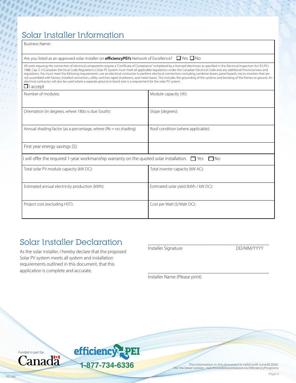 Form PD381 Solar Rebate Application Form - Prince Edward Island, Canada, Page 3