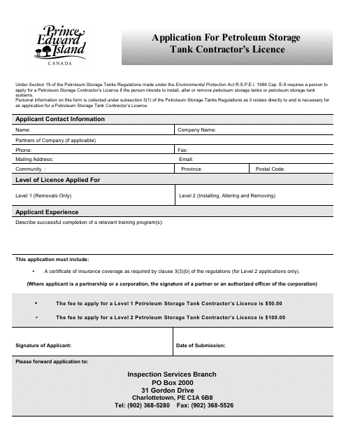 Application for Petroleum Storage Tank Contractor's Licence - Prince Edward Island, Canada Download Pdf