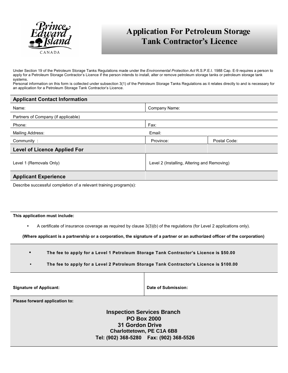 Application for Petroleum Storage Tank Contractors Licence - Prince Edward Island, Canada, Page 1