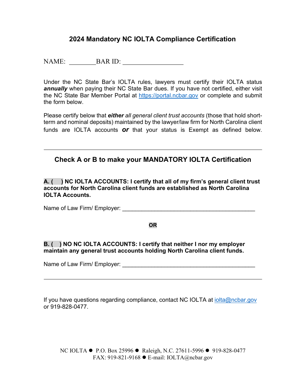 Mandatory Nc Iolta Compliance Certification - North Carolina, Page 1