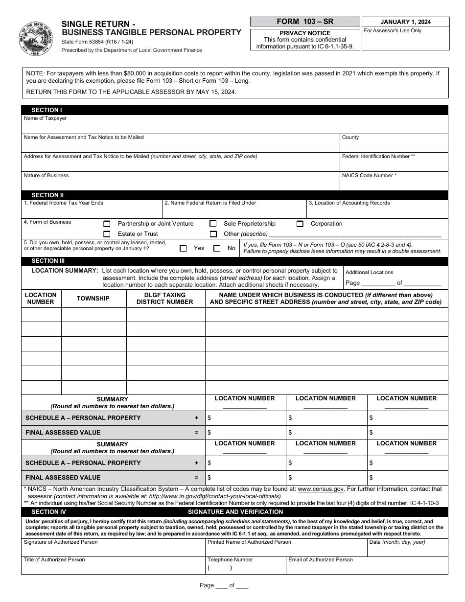 State Form 53854 (103-SR) Single Return - Business Tangible Personal Property - Indiana, Page 1