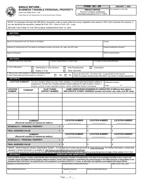 State Form 53854 (103-SR) Single Return - Business Tangible Personal Property - Indiana