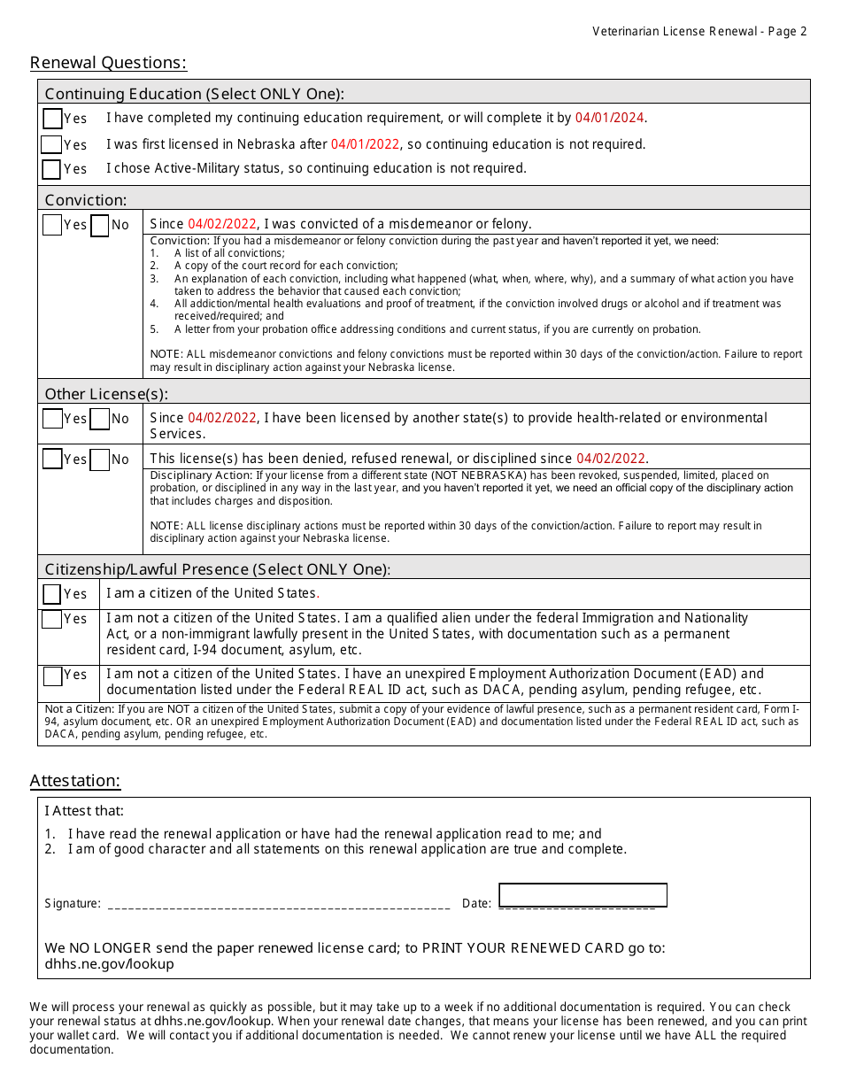 Veterinarian Renewal Notice - Nebraska, Page 2