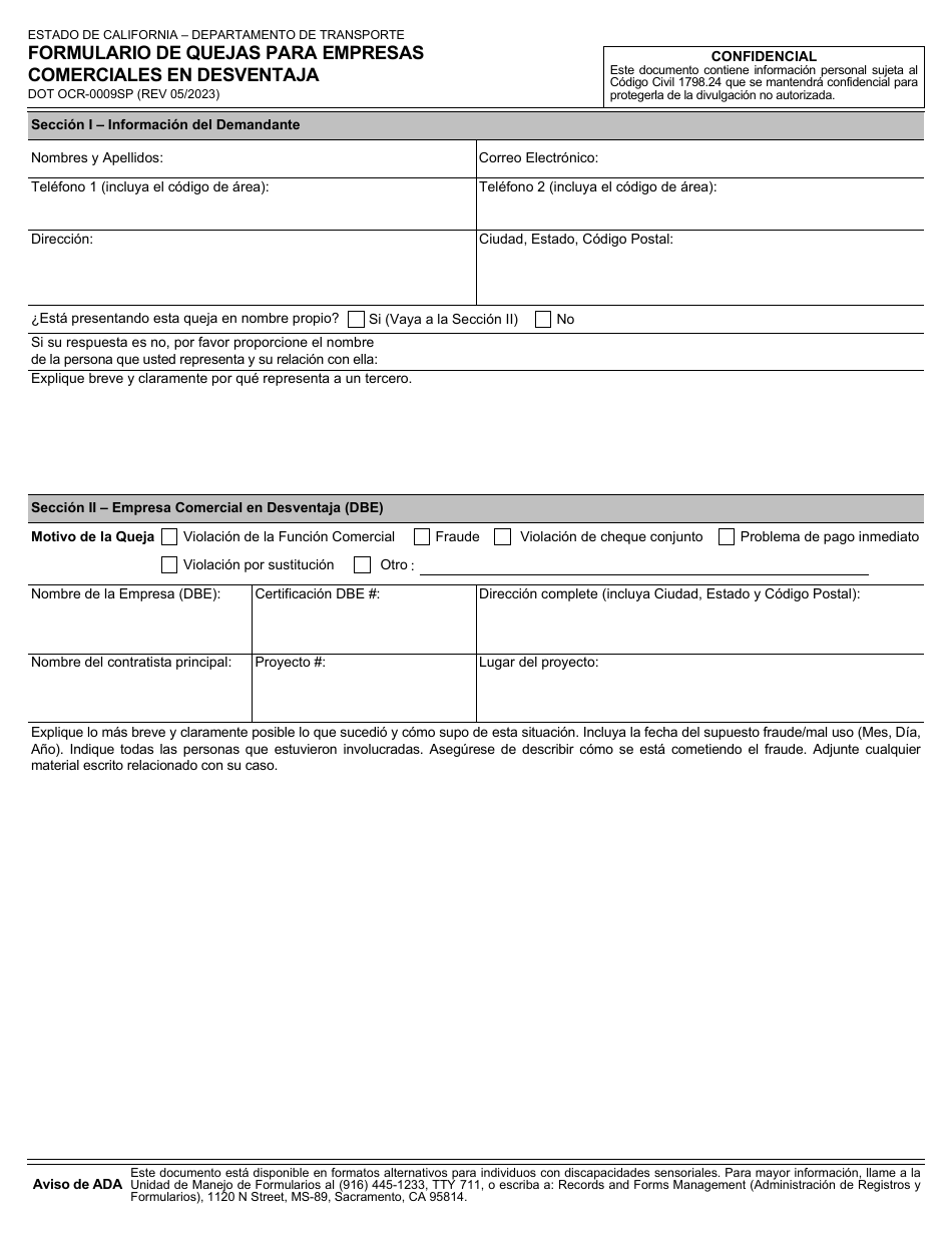 Form DOT OCR-0009SP Formulario De Quejas Para Empresas Comerciales En Desventaja - California, Page 1