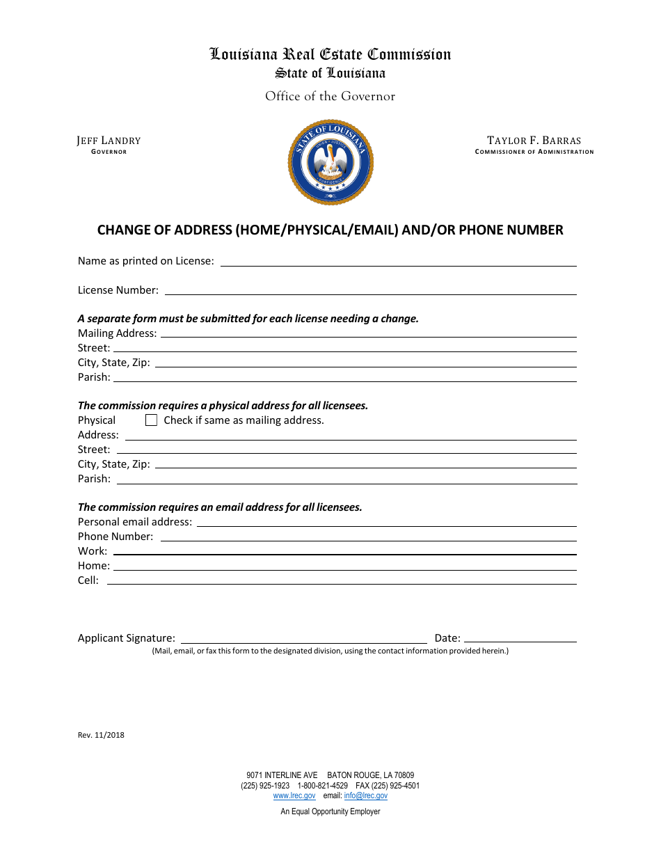 Louisiana Change of Address (Home/Physical/Email) and/or Phone Number