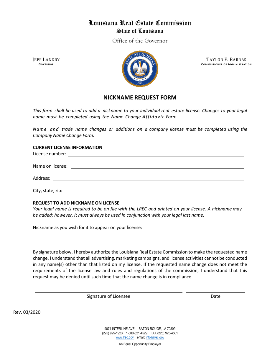 Nickname Request Form - Louisiana, Page 1