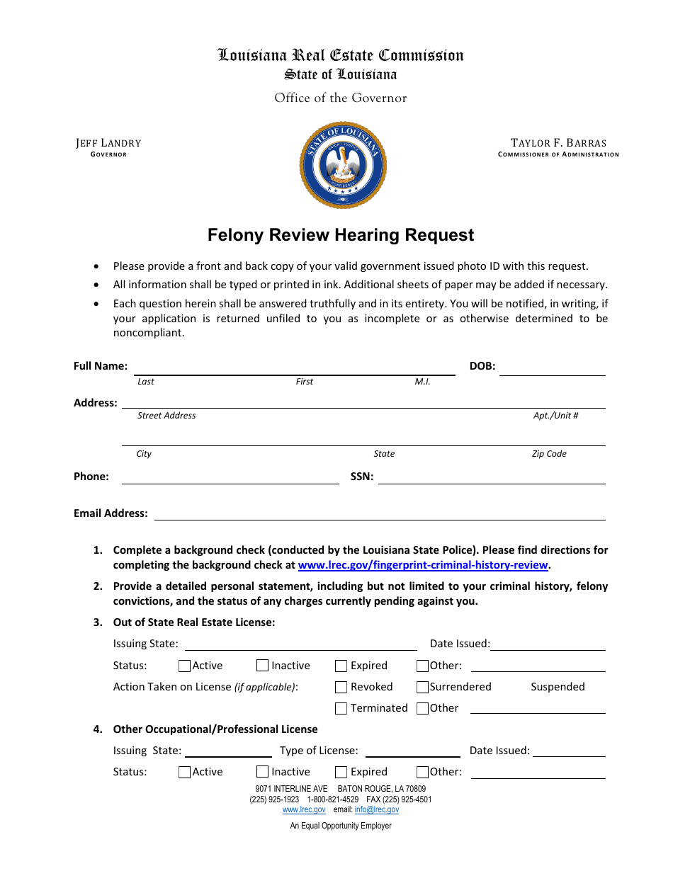 Felony Review Hearing Request - Louisiana, Page 1