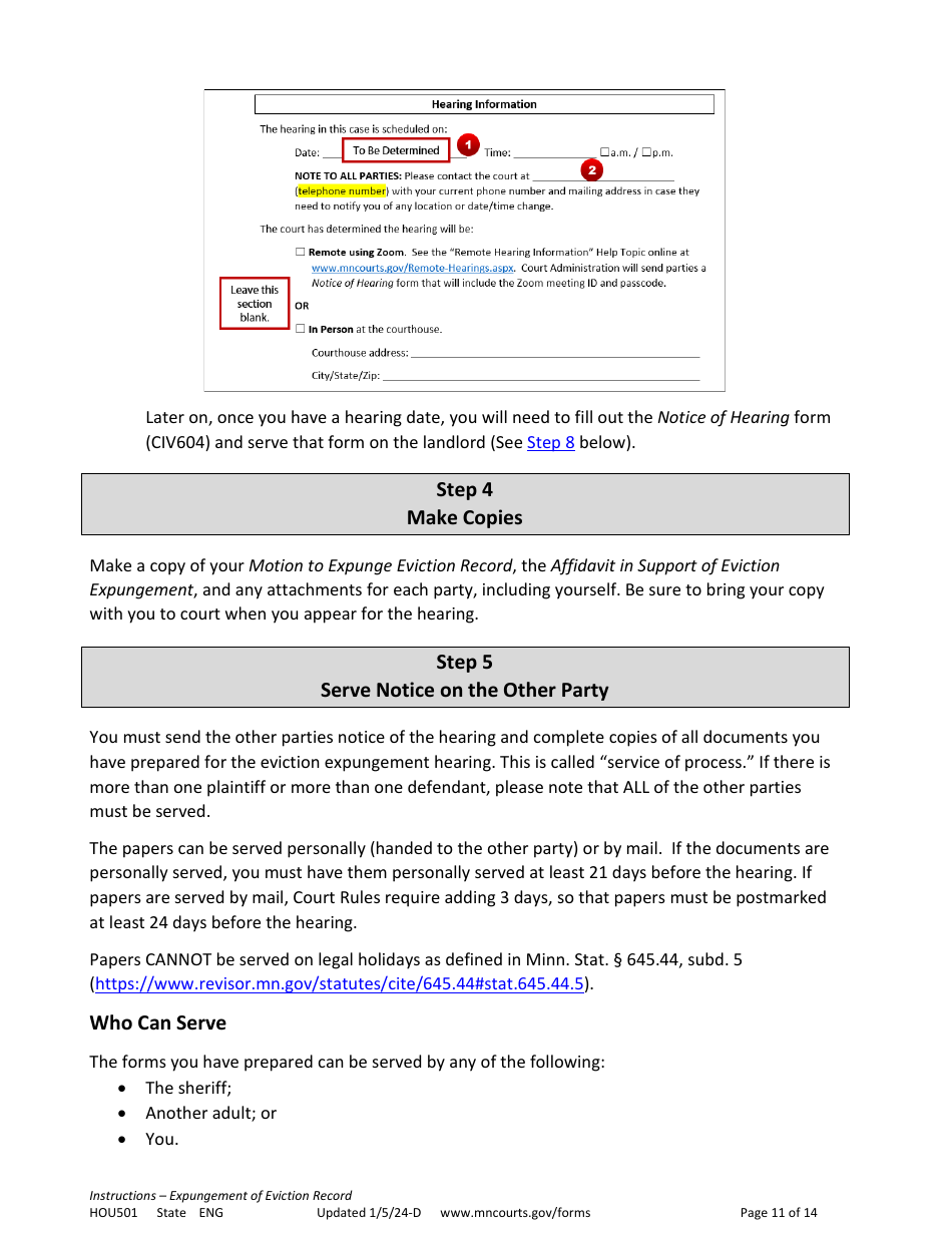 Form HOU501 Instructions - Expungement of Eviction Record - Minnesota, Page 11
