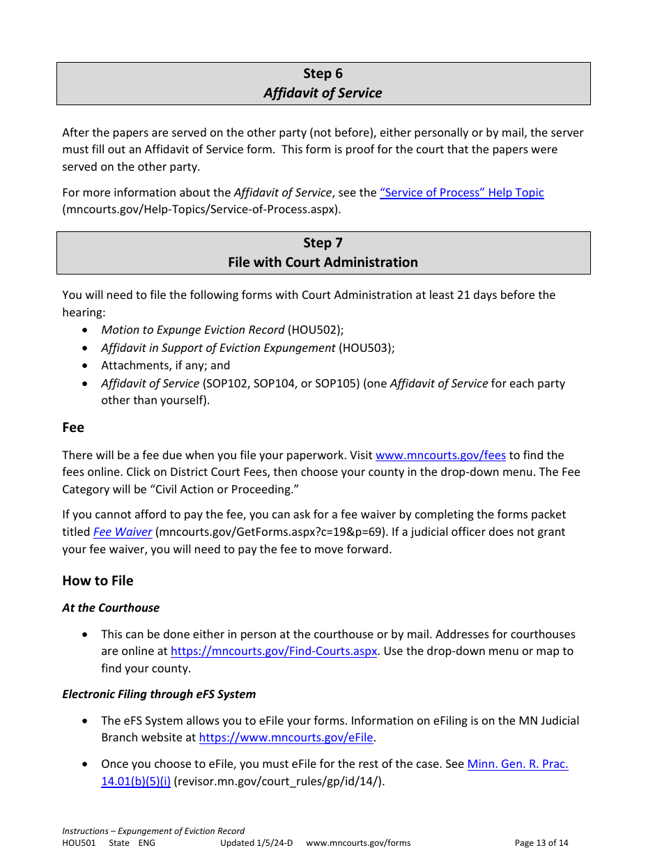 Form HOU501 Instructions - Expungement of Eviction Record - Minnesota, Page 13