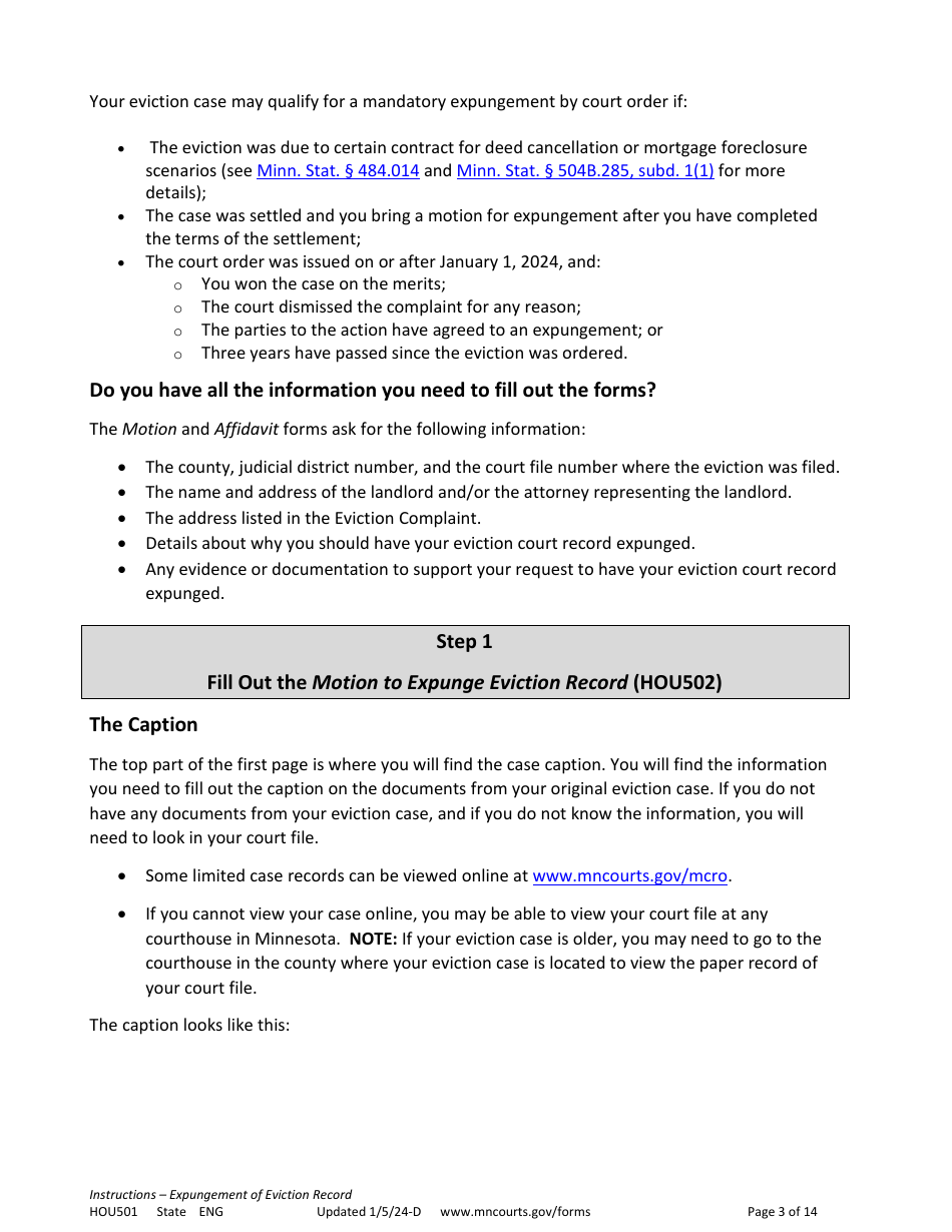 Form HOU501 Instructions - Expungement of Eviction Record - Minnesota, Page 3