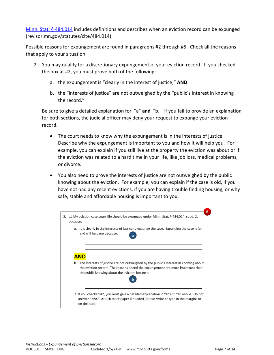 Form HOU501 Instructions - Expungement of Eviction Record - Minnesota, Page 7