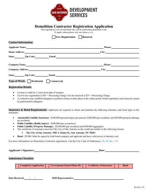 Demolition Contractor Registration Application - City of San Antonio, Texas