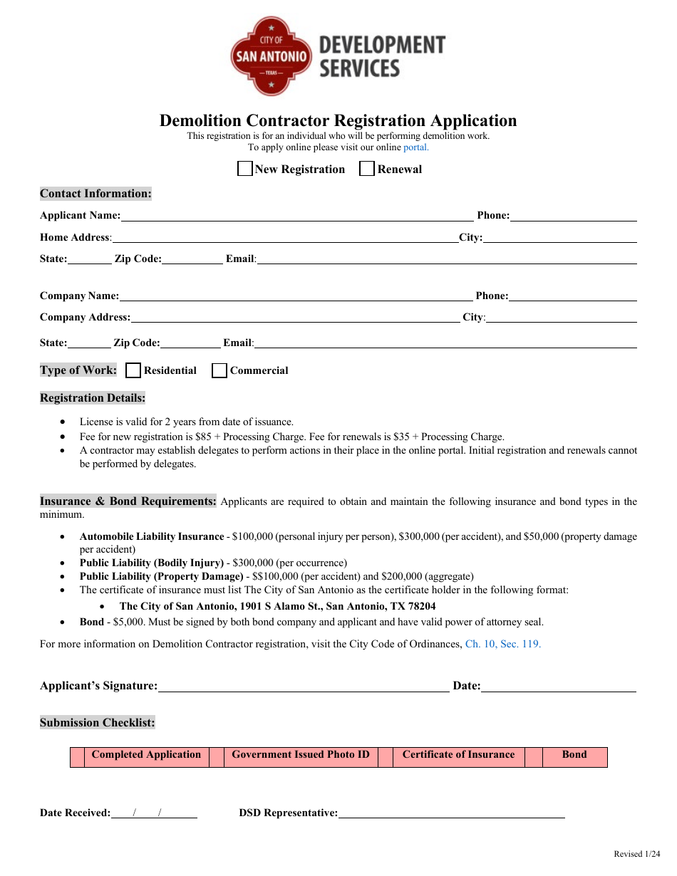 Demolition Contractor Registration Application - City of San Antonio, Texas, Page 1