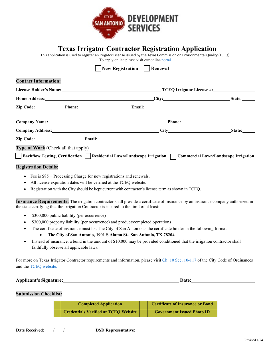 Texas Irrigator Contractor Registration Application - City of San Antonio, Texas, Page 1