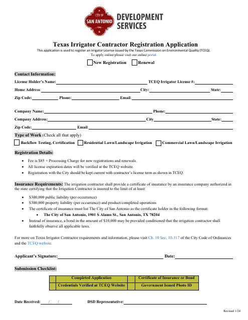 Texas Irrigator Contractor Registration Application - City of San Antonio, Texas Download Pdf