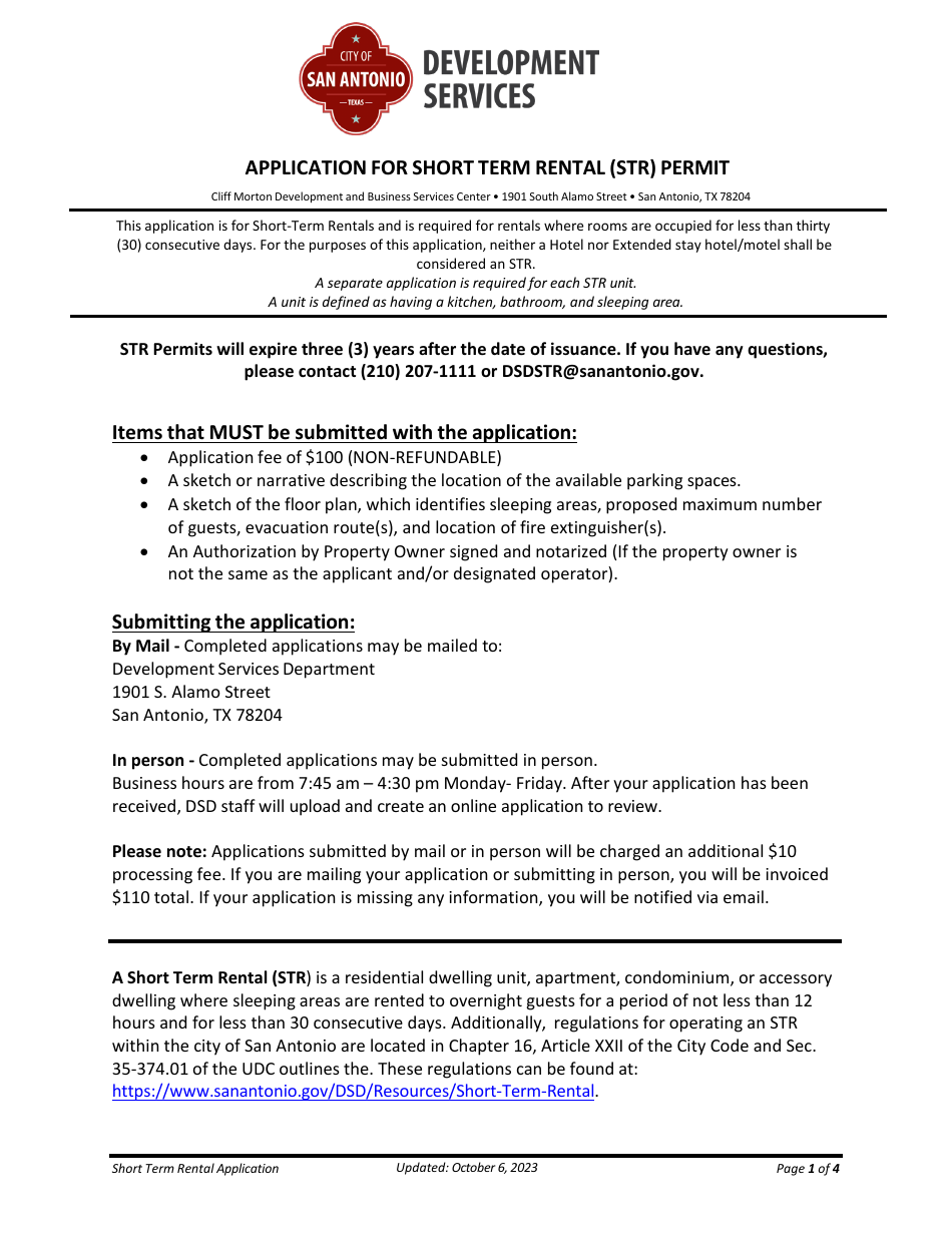 City of San Antonio, Texas Application for Short Term Rental (Str