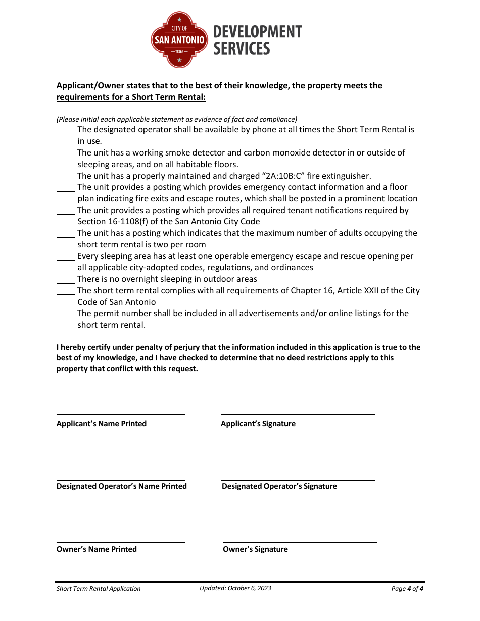 Application for Short Term Rental (Str) Permit - City of San Antonio, Texas, Page 4