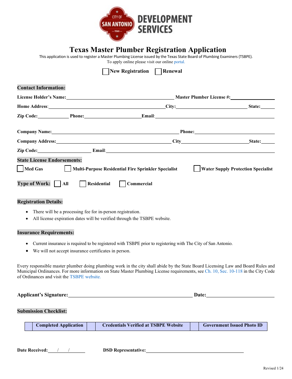 Texas Master Plumber Registration Application - City of San Antonio, Texas, Page 1