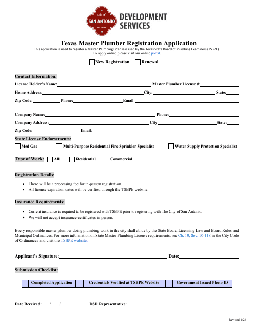 Texas Master Plumber Registration Application - City of San Antonio, Texas