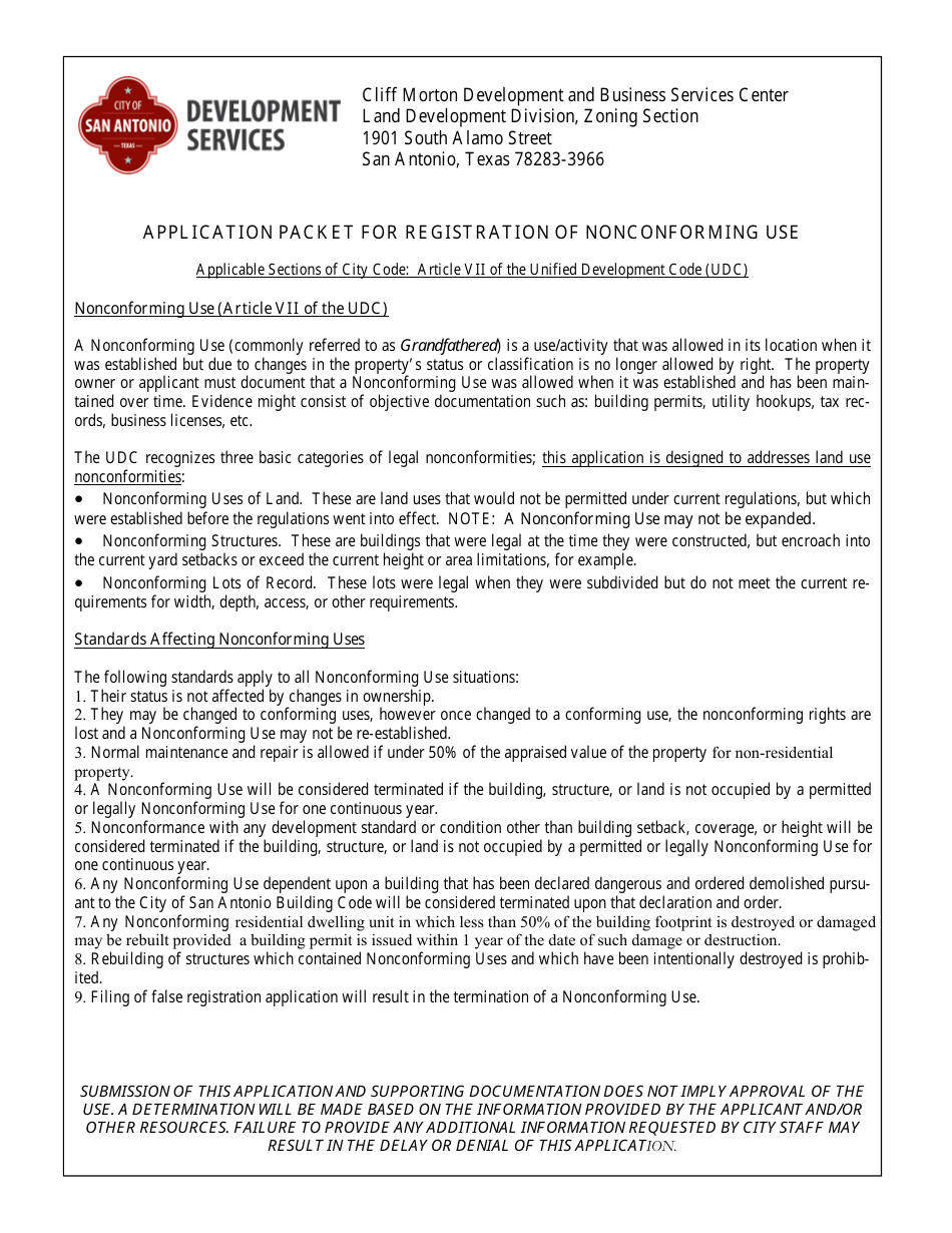 Application Packet for Registration of Nonconforming Use - City of San Antonio, Texas, Page 1