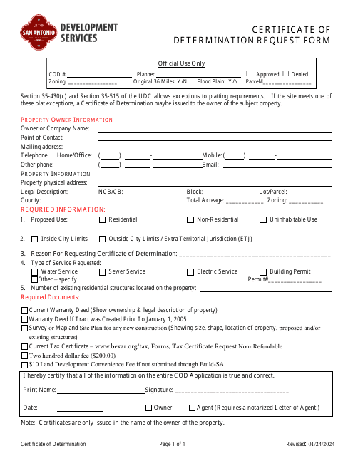Certificate of Determination Request Form - City of San Antonio, Texas