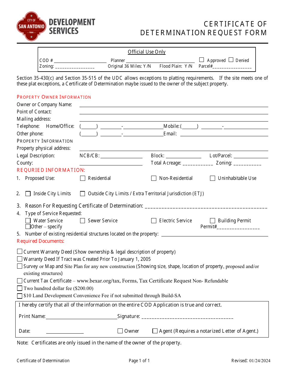 Certificate of Determination Request Form - City of San Antonio, Texas, Page 1