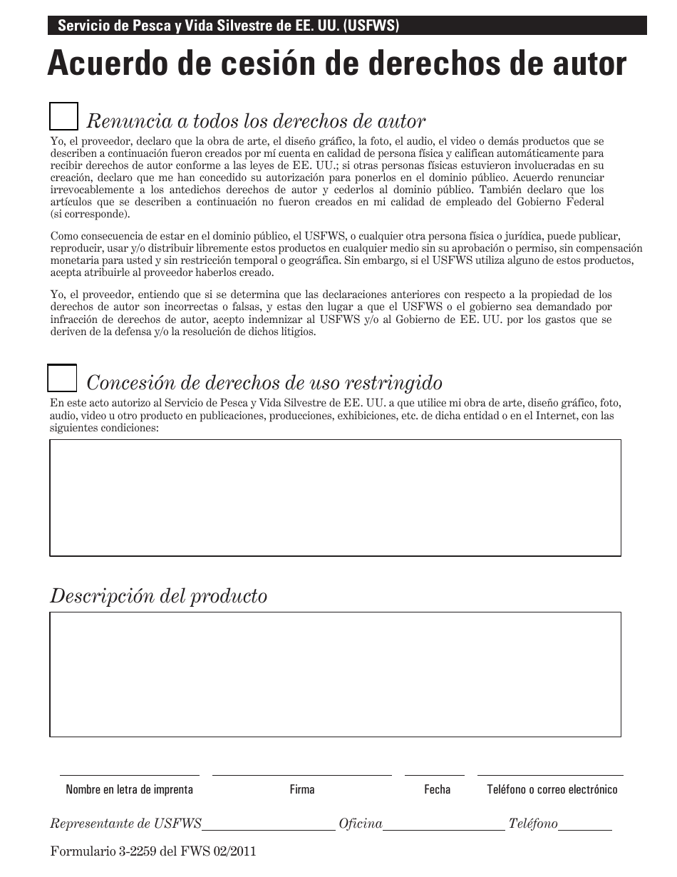 FWS Formulario 3-2259 Acuerdo De Cesion De Derechos De Autor (Spanish), Page 1