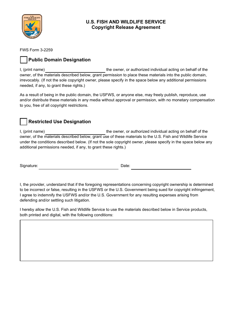 FWS Form 3-2259 Copyright Release Agreement, Page 1