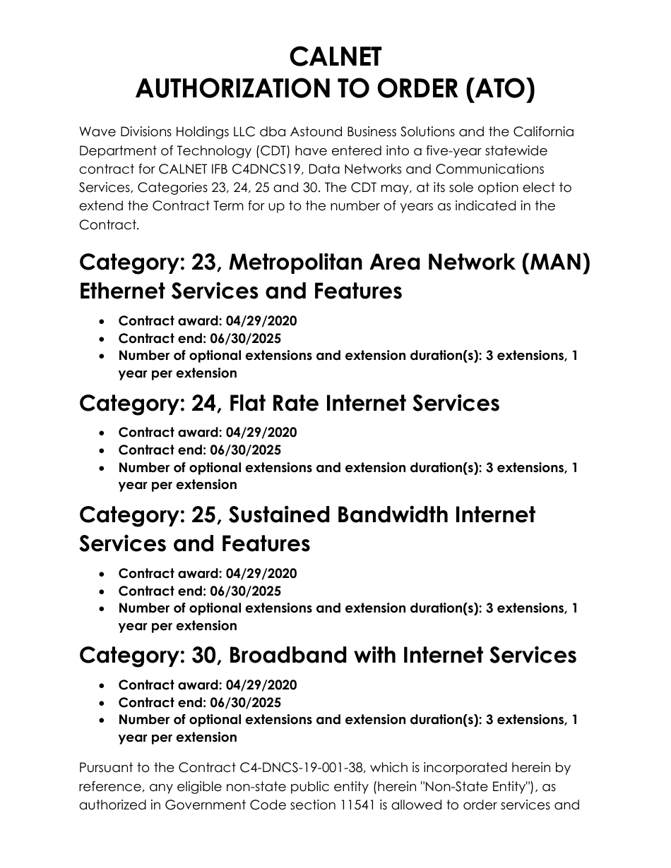 Calnet Authorization to Order (Ato) - Wave Dba Astound - California, Page 1